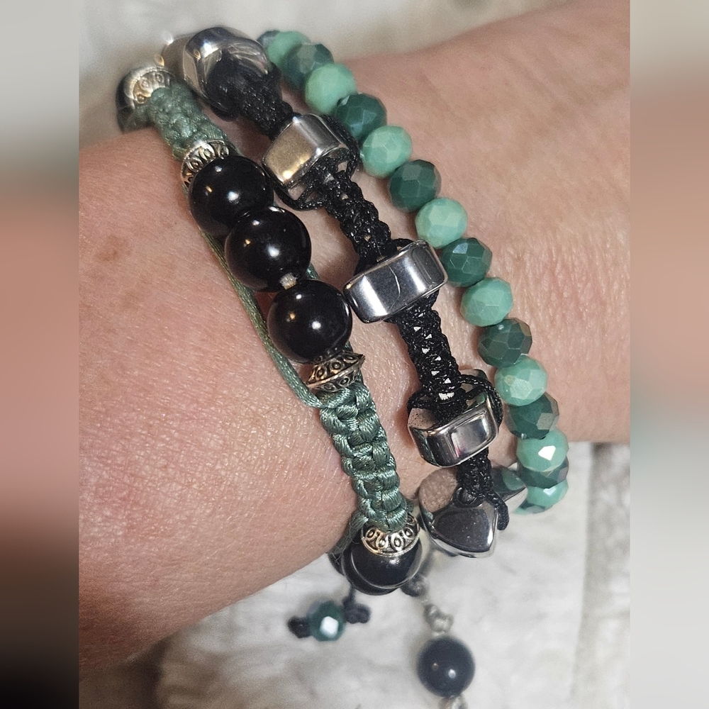Trio Of Boho Fiber And Beaded Adjustable Bracelets